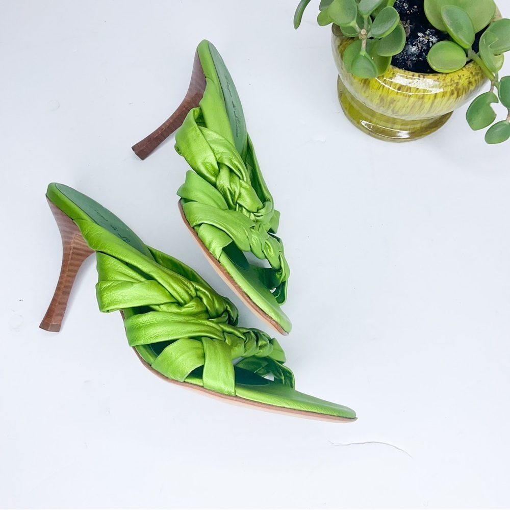 DIEGO DI LUCCA Green Leather Sandals | Metallic Braided Heels | Size 9 - Picture 8 of 8